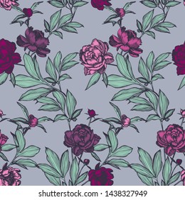 Line art peonies, buds and leaves. Vector floral seamless pattern. Detailed outline sketch drawing. Contour graphic, etching technique. Vintage background with beautiful flowers for textile, fabric.