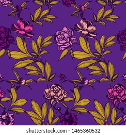 Line art peonies, buds and leaves. Vector floral seamless pattern. Detailed outline sketch drawing. Contour graphic, etching technique. Vintage background with beautiful flowers for textile, fabric.