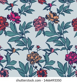 Line art peonies, buds and leaves. Vector floral seamless pattern. Detailed outline sketch drawing. Contour graphic, etching technique. Vintage background with beautiful flowers for textile, fabric.