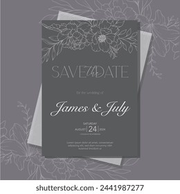 Line Art Peony Flower  Wedding Invitation template,  Outline Peony Minimalist Wedding Stationery 