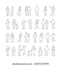 Line art people bundle. Crowd. Different People vector set. Male and female flat characters isolated on white background.
