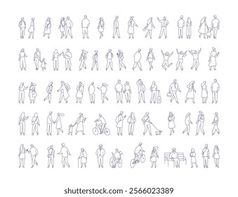 Line art people bundle. Crowd. Different People vector set. Male and female flat characters isolated on white background.