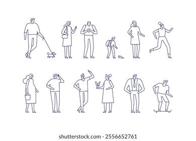 Line art people bundle with diverse poses and characters. isolated on white background