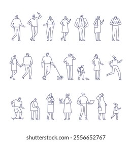 Line art people bundle with diverse poses and characters. isolated on white background