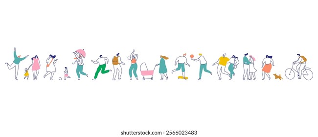 Line art people bundle. Male and female people have outdoor activity. Flat vector characters isolated on white background.