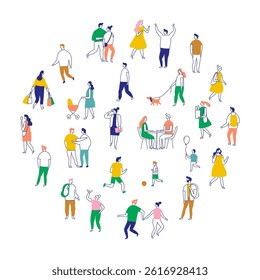Line art people color big bundle. City Crowd. Hand drawn People vector set. Male and female flat characters isolated on white background.	