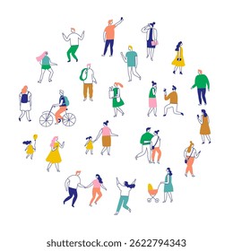 Line art people color big bundle. City Crowd. Hand drawn People vector set. Male and female flat characters isolated on white background.	