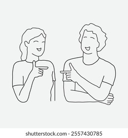 Line Art People Gesturing 
Minimalist line art of a man and a woman gesturing toward each other with smiles, symbolizing communication, teamwork, and positive interaction. Clean and simple