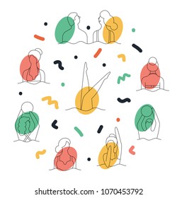 Line art people on the beach set. Doodle people swimming and playing in the water, summer vacation vector illustration