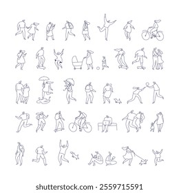 Line art people outdoor activities vector set . Male and female people have outdoor activity. Flat vector characters isolated on white background.