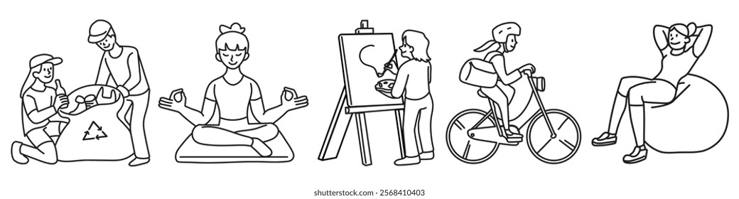 Line art of people recycling, meditating, painting, cycling, and relaxing. Activities include recycling, meditation, painting, cycling, and relaxation. Doodle element vector set.