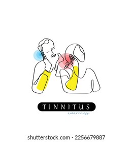 Line art of people suffering from tinnitus. Ringing ear vector art.