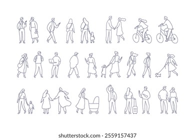 Line art people vector bundle. Crowd. People, male and female flat outline characters isolated on white background.