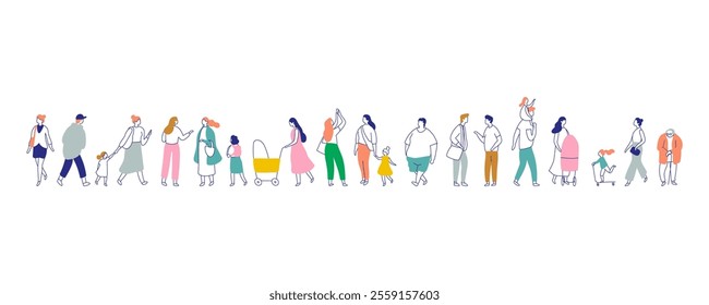 Line art people vector bundle. Crowd. People, male and female flat outline characters isolated on white background.