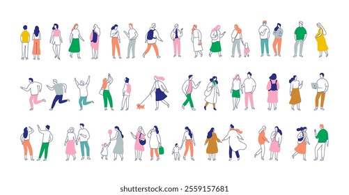 Line art people vector bundle. Crowd. People, male and female flat outline characters isolated on white background.