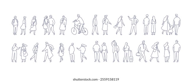 Line art people vector bundle. Crowd. People, male and female flat outline characters isolated on white background.