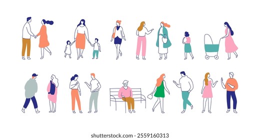 Line art people vector bundle. Crowd. People, male and female flat outline characters isolated on white background.