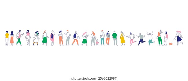 Line art people vector bundle. Crowd. People, male and female flat outline characters isolated on white background.