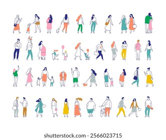 Line art people vector bundle. Crowd. People, male and female flat outline characters isolated on white background.