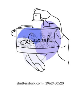 Line Art perfume with abstract shapes, lavender flowers inside the bottle and named Lavender. Vector illustration for advertising perfume, booklets, banners, stickers, posters, flyers and cosmetic