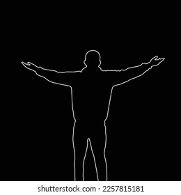 Line art of a Person with arms outstretched, cheering man open arms. Continuous line drawing. Isolated on the white background. Vector monochrome, drawing by lines. Sketch vector.