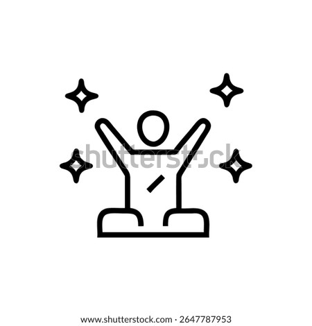 Line art person with arms raised four starbursts on background figure