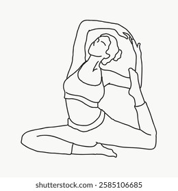 Line art of a person doing yoga. The figure is in a seated pose, stretching one leg up. Simple, minimalist yoga illustration on a plain background. Aesthetic woman illustration vector.