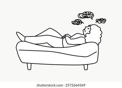 Line art of a person lying on a couch, thinking. Simple illustration of a person relaxing, pondering thoughts. Minimalist design of a person on a sofa. Doodle vector illustration isolated on white.