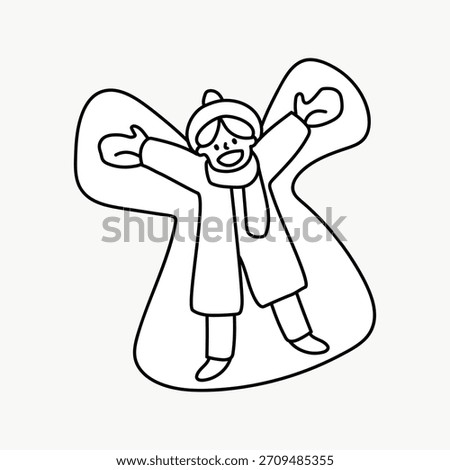 Line art of a person making a snow angel. Simple, playful design with winter clothing. Snow angel illustration captures joy and fun in winter activities. Winter illustration vector.