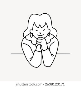 Line art of a person with medium-length hair, wearing earrings, smiling with hands clasped. Simple black and white illustration of a person in a relaxed pose. Person, character illustration vector.