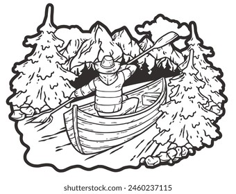 Line art person paddling a canoe through a scenic mountainous region, surrounded by lush pine trees, epitomizing the spirit of outdoor adventure and camping in the wild.