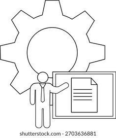 A pessoa da arte em linha aponta para o documento por uma engrenagem