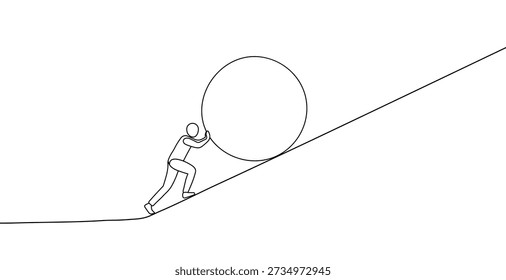 Line art of person pushing heavy rock uphill representing hard work and sisyphus challenge