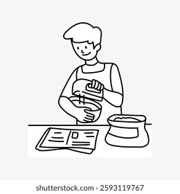 Line art of a person using a mixer, preparing ingredients. Simple illustration of cooking, baking, and kitchen activities. Mixer, ingredients, and cooking theme. Vector illustration.