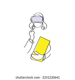 Line art of a person wearing Virtual reality headset. Isolated vector with transparent background. New normal and Future.