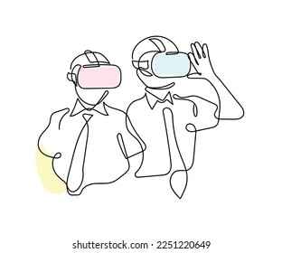 Line art of a person wearing Virtual reality headset. Isolated vector with transparent background. New normal and Future.