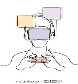 Line art of a person wearing Virtual reality headset. Isolated vector with transparent background. New normal and Future. VR and gaming.