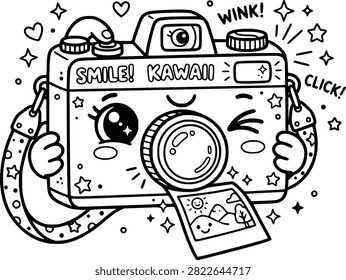 Line art of personified camera character holding instant photo print