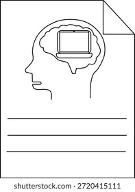 Parte da linha de uma cabeça de pessoa contendo um computador dentro do cérebro em um papel com linhas