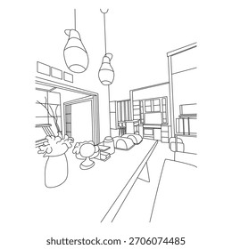 Perspectiva de arte de línea de una habitación interior contemporánea