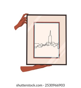 Line Art picture in frame is in hands. Worker of framing workshop show new masterpiece. Poster decorated in a baguette, mat and under protective glass. Museum exhibit, piece of art. Vector
