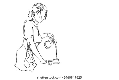 line art, a picture of a woman pouring water from a teapot into a glass, on a white background