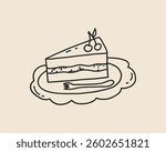 Line art piece of cake. Hand drawn doodle sketch birthday wedding cake. Coquette whimsical food dessert bakery. Vector outline illustration