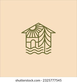 line art pine house sun lake logo vector