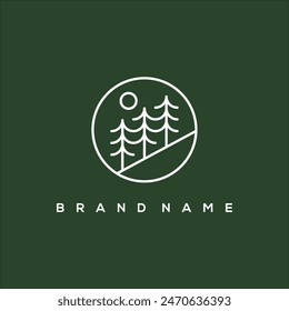 line art pine sun with circle forest logo vector