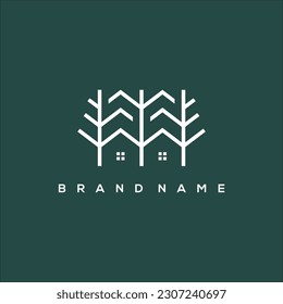Line art pine tree house logo vector