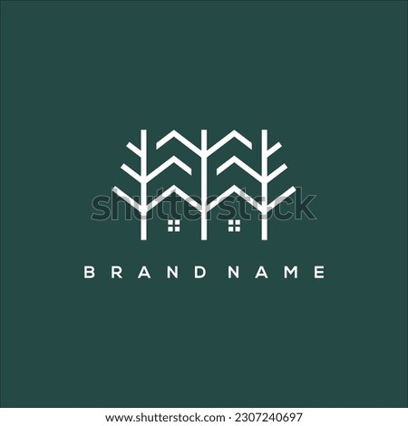 Line art pine tree house logo vector