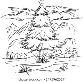 Arte de línea de pinos con fondo de montañas