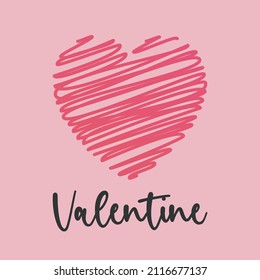 Line art. Pink heart symbol with valentine inscription.