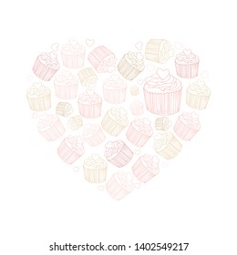 Line art pink vector hand drawn set of cupcakes cartoon doodle objects, symbols and items. heart shape composition